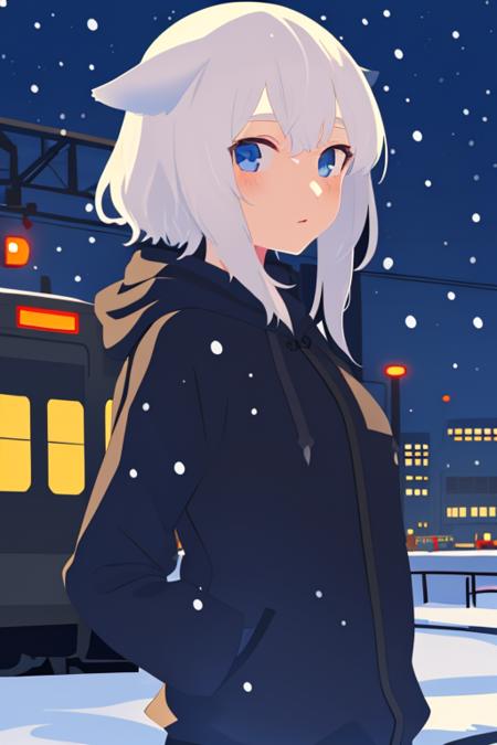 07144-2226572472-masterpiece,flat color,1girl,solo,white hair,blue eyes,kemono,hoodie,TRAINSTATION,night,snowstorm,.png